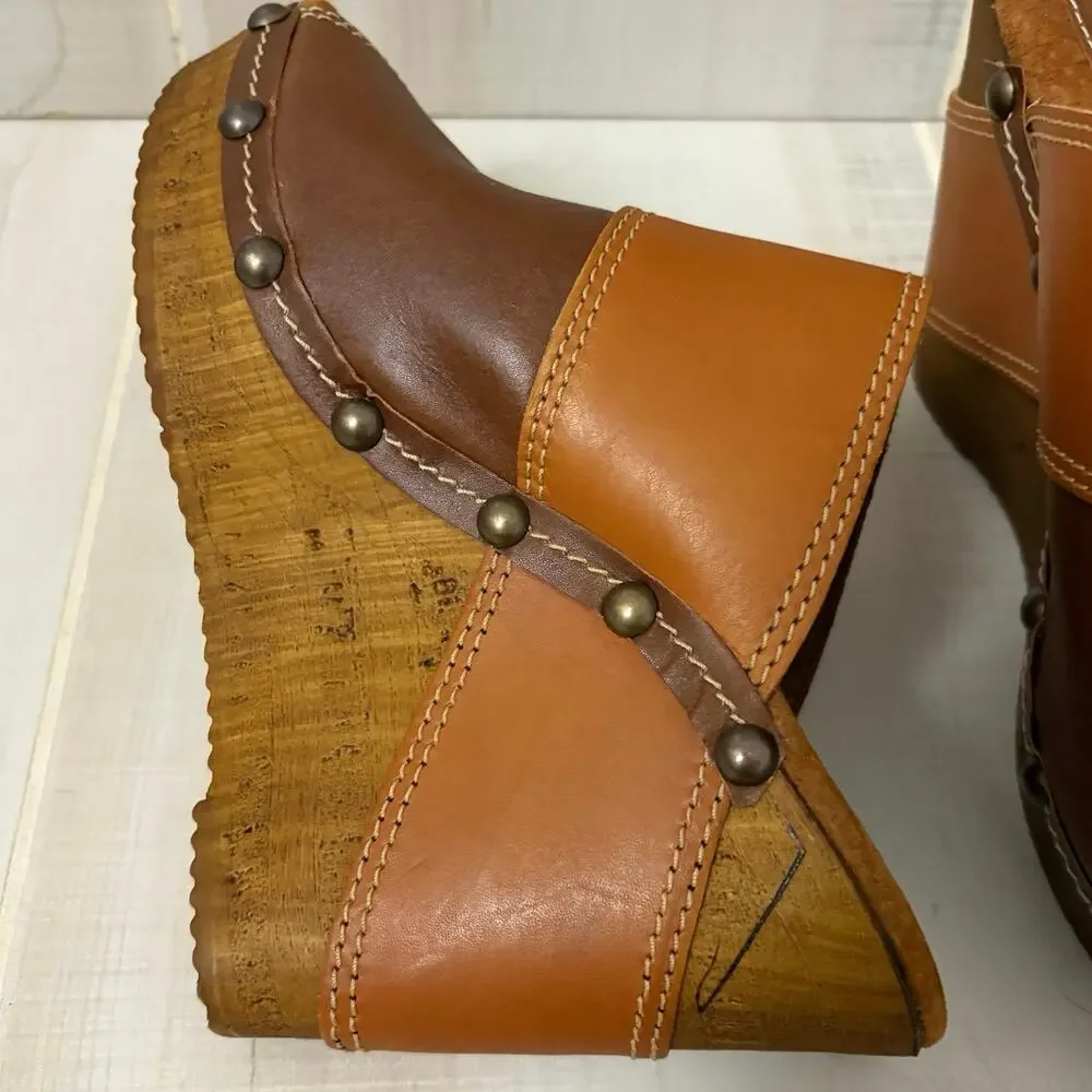 Sbicca Vintage Collection Leather Platform Clogs Studded Brown Slip-On 39(8.5)